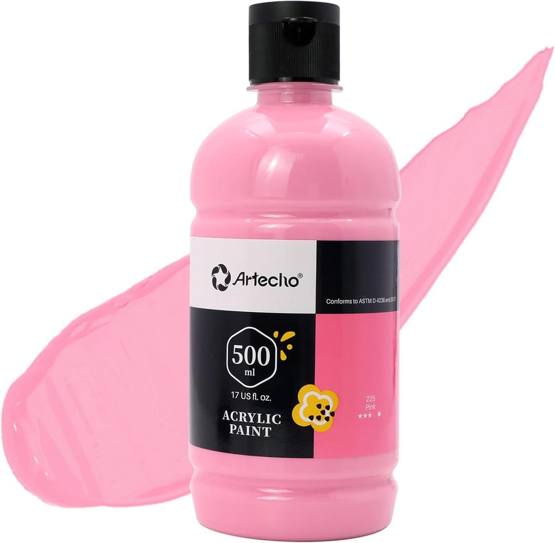 Artecho Acrylic Paint Large Bottle 500ml / 17oz, Pink Craft Paint for Art Supplies, Canvas, Rocks, Wood, Fabric, Ceramic, Non Toxic