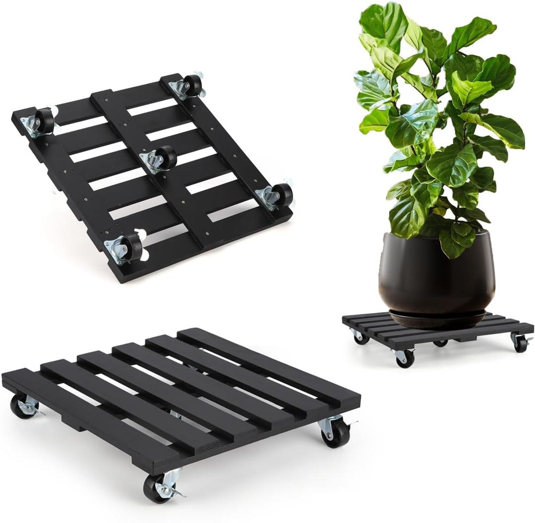 2 Pack Plant Stand with Wheels, 12" Rolling Plant Stand 264 LBS Heavy Duty Wooden Square Plant Caddy with Metal 360 Lockable Caster Wheels for Outdoor Indoor Large Plant Pots, Flower Pot, Patio-Black