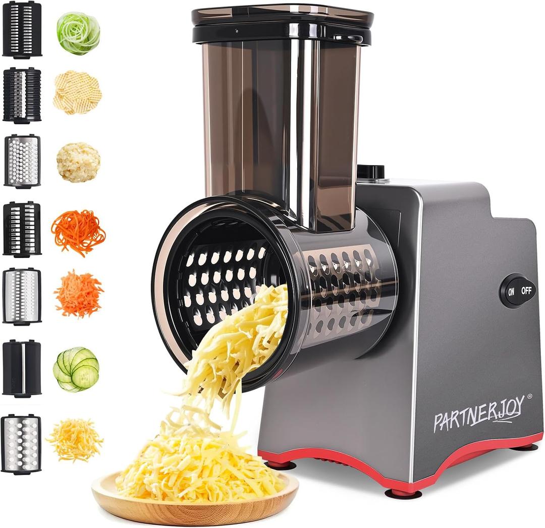 Electric Cheese Grater, 250W Electric Professional Salad Maker & Vegetable Slicer Shredder, 7-in-1 Electric Food Graters Machine with Widened Feeding Port for Block Cheese, Vegetables & Fruits