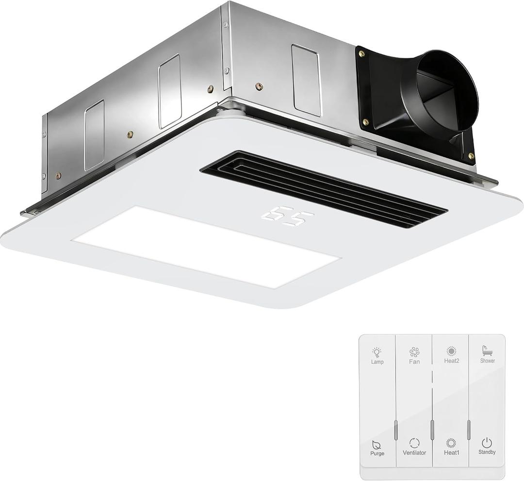 Bathroom Exhaust Fan (with Lighting and Heating) 4-in-1 Ventilation System | 1800W Heating, 190 CFM Airflow, Ultra-Quiet 30 dB | Easy Install, Cutout Size: 11.2 x 11.2 in, Large