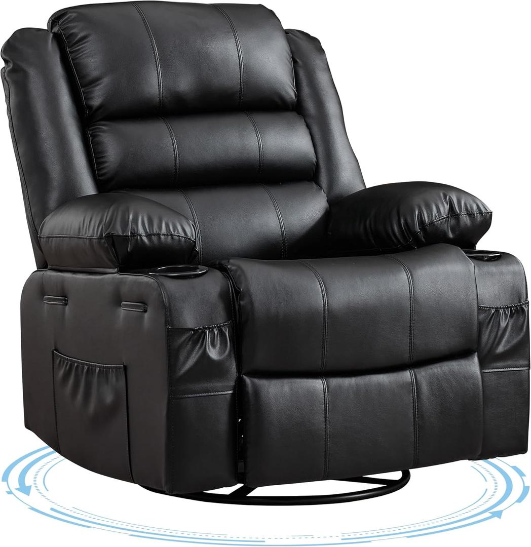 Rocking Recliner Chair for Adults Wide 360 Swivel Rocker Recliner with Cup Holder Nursery Glider with Upholstered Deep Seat PU Leather Comfy Single Sofa for Living Room Black