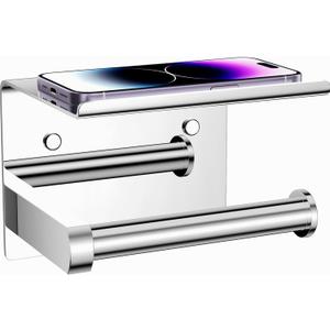 Tindbea Toilet Paper Holder with Phone Shelf, Adhesive or Screw Wall Mount Toilet Tissue Roll Holder, Rustproof & Multifunctional Stainless Steel Bathroom Storage Dispenser (Polished Chrome)