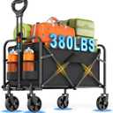 Collapsible Wagon Cart Foldable Beach Wagon with All-Terrain Wheels - 380 LBS Heavy Duty Grocery Cart for Shopping, Beach, Camping, Sports, Garden (Black)