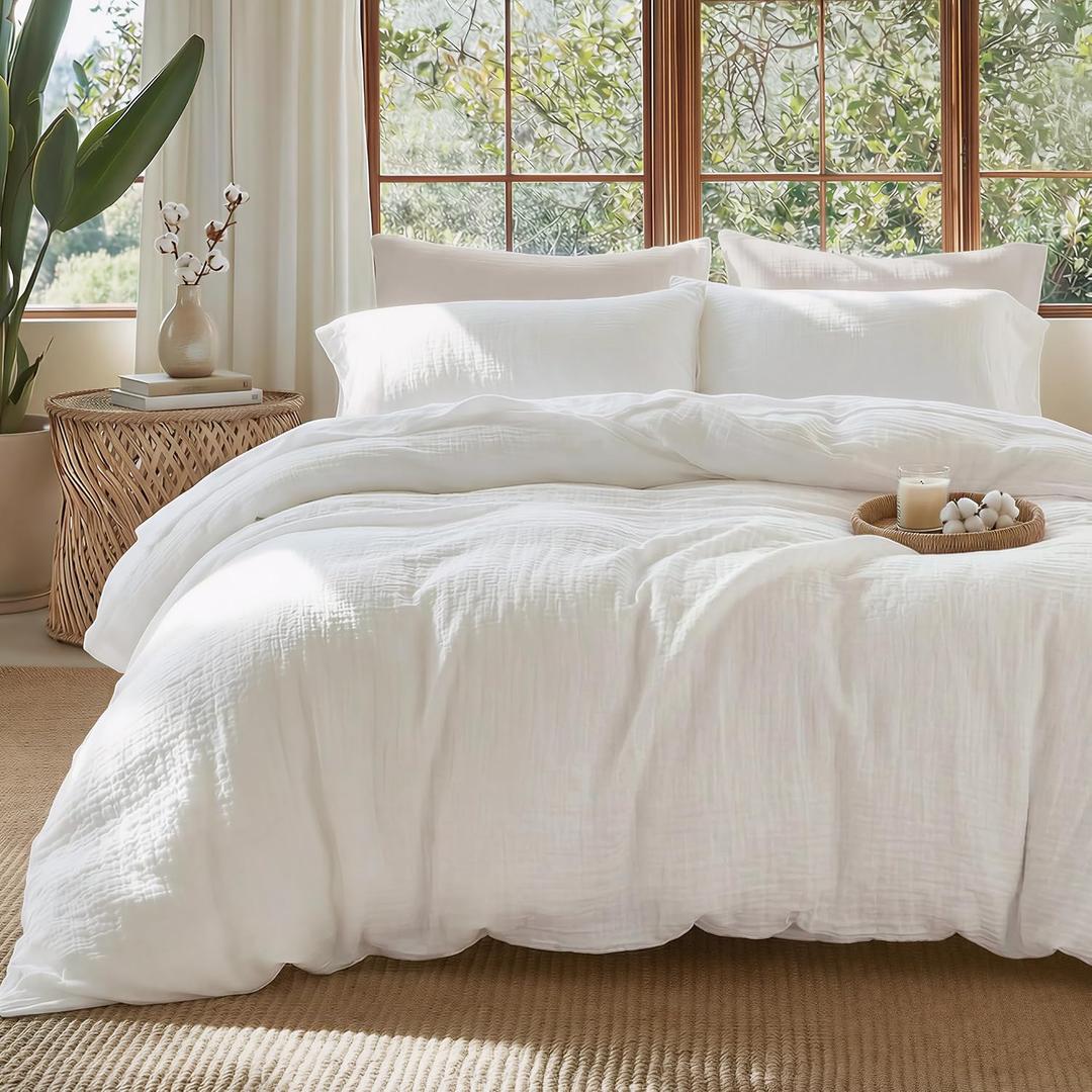 Bedsure 100% Muslin Cotton Duvet Cover Queen Size - Ultra-Soft Gauze Duvet Cover, PureWoven Breathable & Lightweight Bedding Set with Button Closure and Corner Ties (White, Queen, 90"x90")