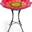 HONGLAND Bird Bath for Outside-Bird Baths for Outdoors-Glass Large Birdbaths Bowl with Metal Stand for Garden Patio Lawn Decor (Red Flower)
