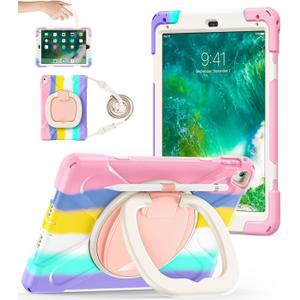 BATYUE Case for iPad 6th Generation 9.7 inch 2018, iPad 5th Gen 2017, iPad Air 2/ iPad Pro 9.7'',Shockproof Protective Cover with Pencil Holder &Rotating Bracket &Shoulder Strap (A1-Ring Kickstand (Colorful Pink)