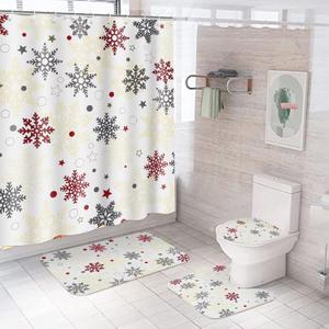 Rtteri 4 Pcs Christmas Shower Curtain Set with Non Slip Rug Toilet Lid Cover Bath Mat Christmas Bathroom Sets with 12 Pcs Hooks for Xmas Holiday Bathroom Decor, 72 x 72 Inch (Snowflake)