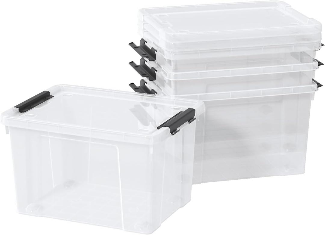 4 Pack 23 L Plastic Latching Storage Box with Wheels, Stackable Container Bin with Lids, Clear
