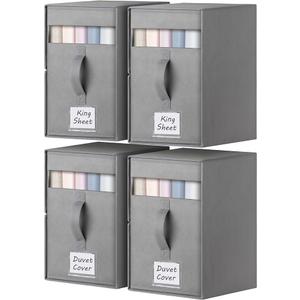 4 Pack Large Bed Sheet Organizers and Storage, (King & Queen Size) Sheet Organizer for Linen Closet, Foldable Bedding Storage Box with Window for Bedsheets, Blanket, Duvet Cover and Pillowcase (Gray 4 Pack-6.5 Gal)