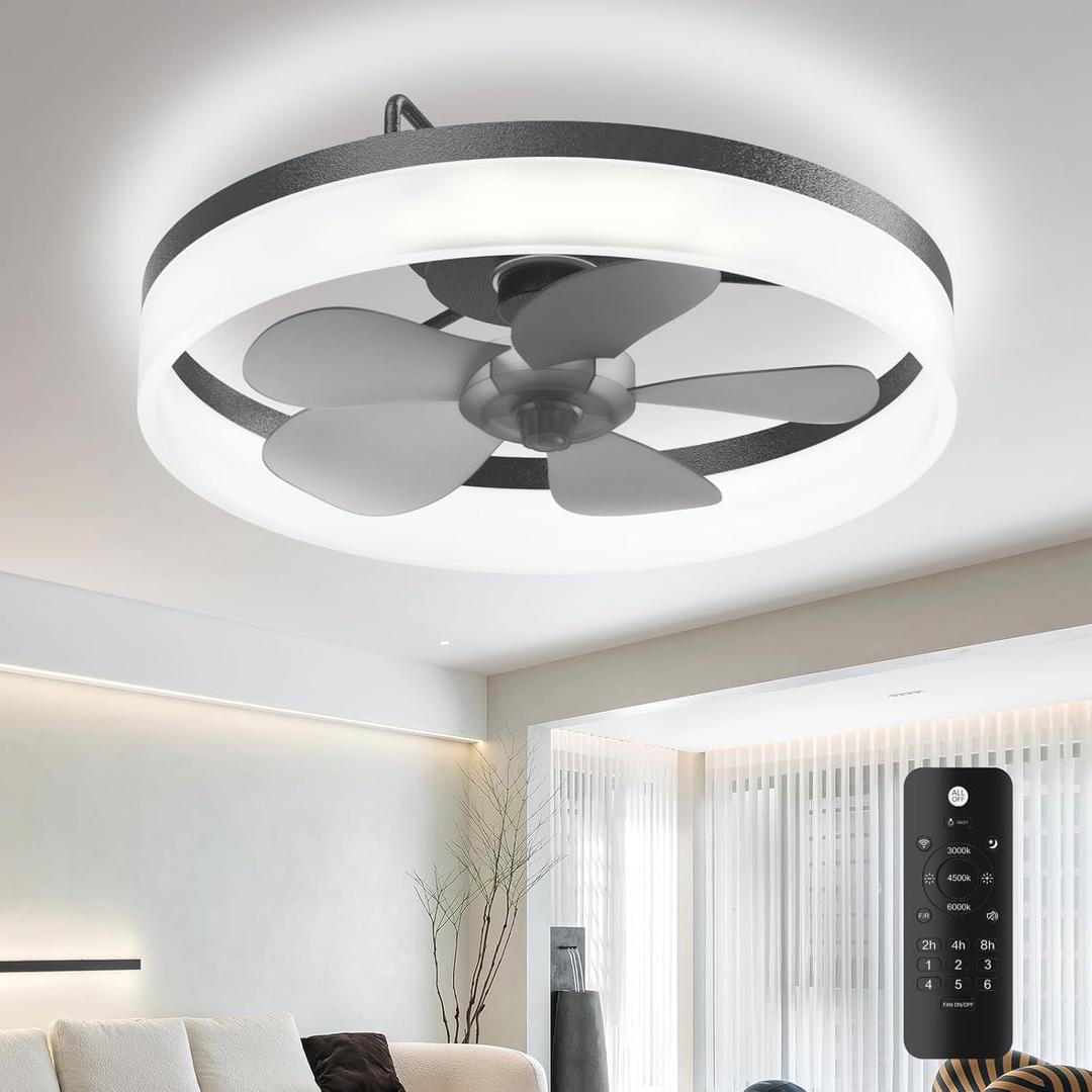 Ceiling Fans with Lights, 19.7'' Flush Mount Ceiling Fan with Lights and Remote, 3000K-6000K Dimmable Modern Low Profile Ceiling Fans for Bedroom Living Room, 6 Speeds Fandelier LED Fan Light (Black)