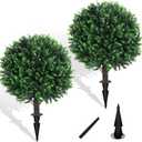 Artificial Green Boxwood Topiary Ball Bush for Outdoor with Spike, Set of 2 UV Resistant Faux Boxwood Ball Tree with Stake Weatherproof Fake Round Topiary Shrub Plant for Front Porch