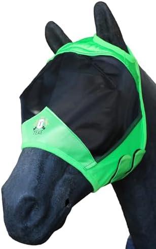 T TEKE Fine Mesh Horse Fly Mask w/No Ears, UV Blocking 3D Eye Visor with Extra Fleece Cushioned Forehead, Protection from Insect Pests (Full, Green)