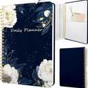 Undated Daily Planner - Spiral Notebook 80 Days One Day Per Page, Hourly Schedule, To-Do List, Notes, Everyday Planning Task, A5 Hardcover Journal Organizer Book Women Cute Aesthetic, Flower (Blue White Flower)