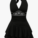 SOLY HUX Women's Summer Halter Backless Mini Dress Flowy Sleeveless V Neck Tie Back A Line Western Casual Sun Dresses, Size M