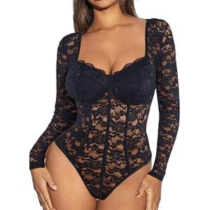 Avidlove Womens Bodysuits Long Sleeve Body Suits Womens Lace Going Out Tops One Piece Bodysuits for Women with Snap Crotch, Medium