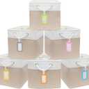 6 Pack Cube Storage Bins, 11 x 11 Inch Stitching Color Collapsible Fabric Storage Basket with Ropes, Foldable Storage Cubes for Home, Office,Closet, Clothes (White & Beige)