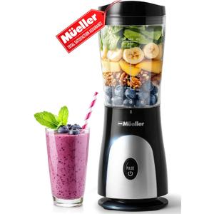 Mueller Smoothie Blender for Smoothies - Personal Blender for Shakes, Frozen Drinks, Baby Food & More, 15oz Travel Cup and Lid, Durable Stainless Steel Blades for Powerful Blending Performance, Black
