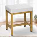 Vanity Stool, Vanity Chair for Makeup Room, Square Linen Small Ottoman Foot Stool with Metal Legs, Modern Makeup Chair for Bedroom, Living Room, Gold & Off White