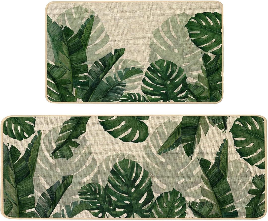 Baccessor Monstera Spring Kitchen Mats Set of 2, Banana Green Leaf Kitchen Rugs Low-Profile Non-Slip Absorbent Floor Mat 17x29 and 17x47 Inch Home Seasonal Decoration