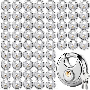 Moxweyeni 60 Pack Padlocks Alike Keyed, Stainless Steel Pad Locks with Same Key Discus 2-3/4 Inch Wide 3/8 Inch Diameter Shackle, Disc for Outdoor Use, Storage Unit, Sheds, Garages and Fence