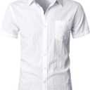 ZEROYAA Men's Fitted Cotton Like Linen Casual Short Sleeve Button Up Shirts Lightweight Beach Tops with Pocket (White), Size: XS
