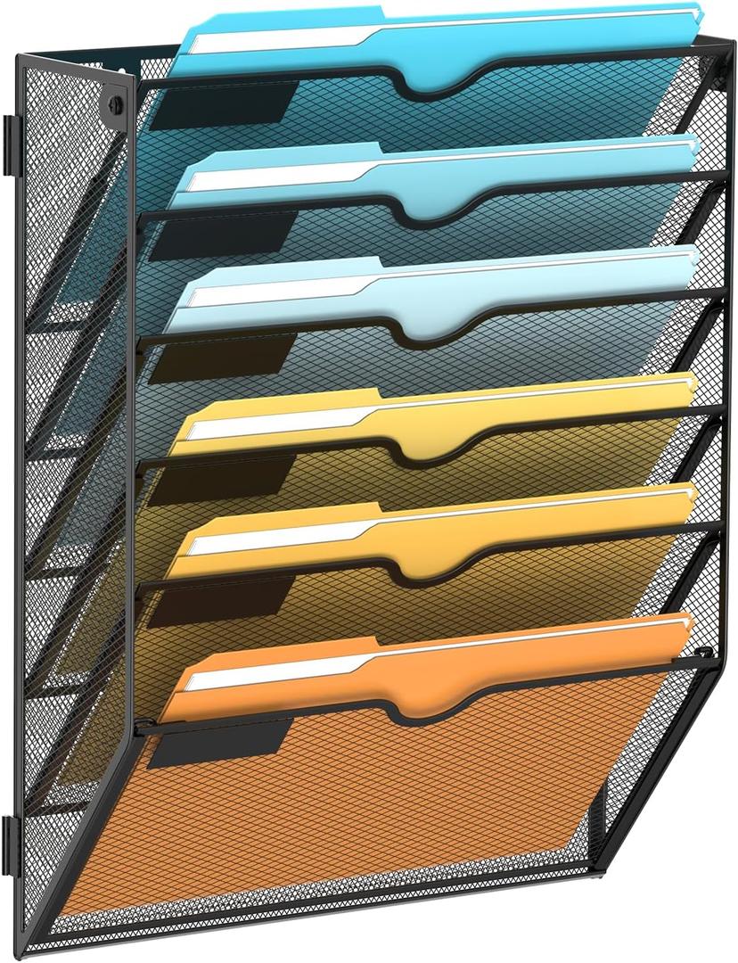 SUPEASY 6 Tier Wall File Organizer, Hanging Wall Mounted Mail Organizer with Label Slots, Metal Mesh File Holder Magazine Rack for Office, Home, School or Classroom, Black