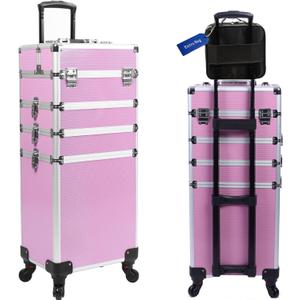 5 in 1 Professional Makeup Train Case Aluminum Cosmetic Case Rolling Makeup Case ExtraLarge Storage Organizer with Key Swivel Wheels Salon Barber Case for Make Up Nail Hairstylists, Pink