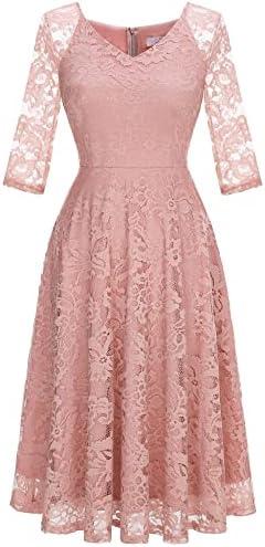 Dressystar Womens Long-Sleeve Wedding Guest Dress A-Line Lace Formal Party Cocktail Midi Dress Prom Gown Size L