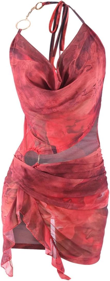 Women Sexy Sheer Halterneck Mini Dress Hollow Out Colourful Mesh Floral Dress for Beach Party Night (Red, S)