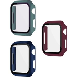 2 x 3 Pack Multi-Color Cases with Tempered Glass Screen Protector for Apple Watch Series 7/8/9 45mm, Navy Blue + Wine Red(Dark Red) + Pine Green, Smooth Touch, Easy Installation, Full Screen Shield, High Protection