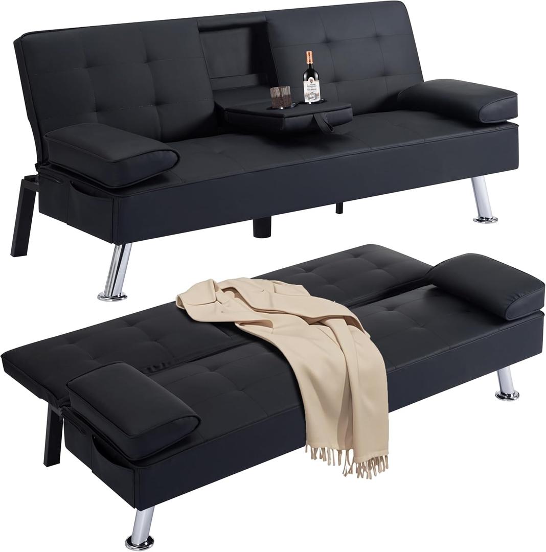 Faux Leather Sleeper Loveseat Futon Sofa Bed with Cup Holders, Button Tufted Folding Convertible Love Seat Lounge Sofabed Reversible Daybed with Pillow Armrests, Metal Legs for Living Room Apartment