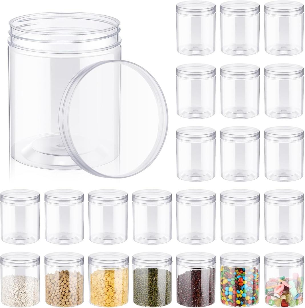 Irenare 24 Pcs 16 oz Clear Plastic Jars with Ribbed Lids Wide Mouth Food Plastic Mason Jars 16 oz Airtight Paint Storage Containers for Dried Fruit, Honey, Nuts, Kitchen Household (Clear Lids)