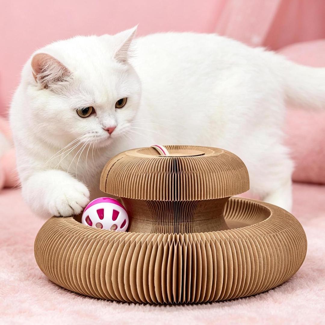 Kitty Kurls Heart Magic Organ Cat Scratcher, Foldable Accordion Heart Shaped Scratching Board with Bell Ball, Recycled Cardboard Interactive Scratch Pad for Indoor Cats & Kittens
