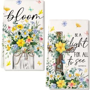 GEEORY Daffodil Spring Kitchen Towels Set of 2,18x26 Inches Floral Yellow Dish Cloths -Flowers Vase Cross Farmhouse Design,Holiday Hand Towels for Spring Decor & Gifting