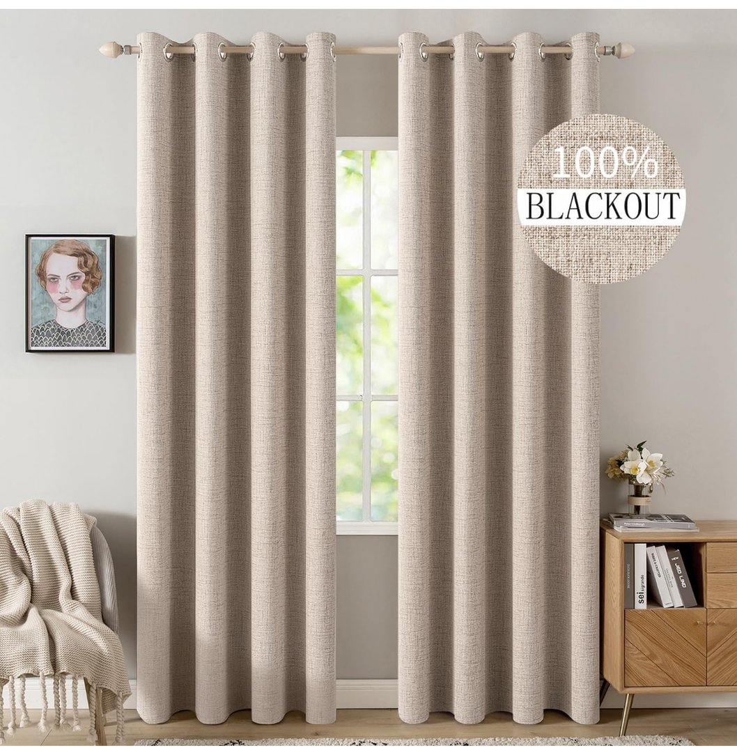 MIULEE 100% Blackout Linen Textured Curtains for Bedroom Solid Thermal Insulated Natural Beige Grommet Room Darkening Curtains & Drapes Luxury Decor for Living Room Nursery 52 x 84 Inch (2 Panels)