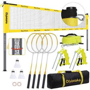 Portable Outdoor Badminton Net Set System for Backyard Lawn Beach, with Durable Net, 4 Carbon Aluminum Rackets, 3 Birdies and Carrying Bag