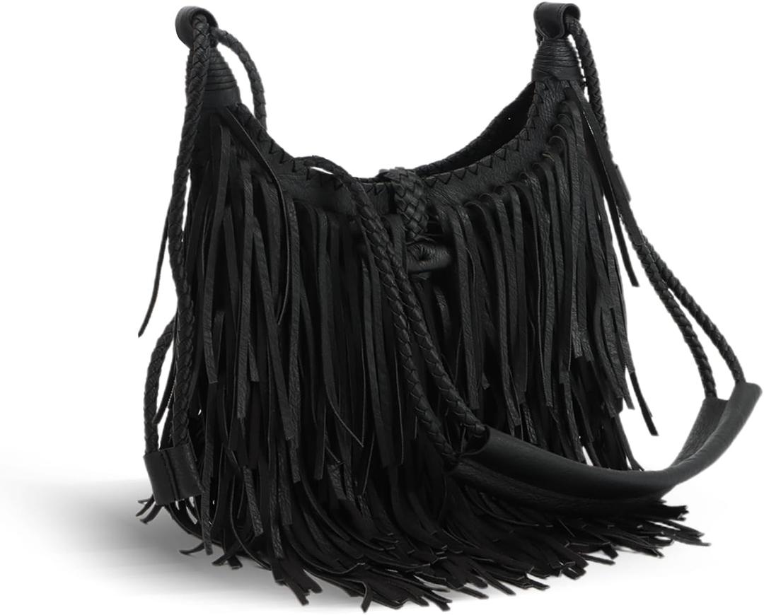 Emprier Vintage Fringe hobo bags for Women Vegan Faux Suede Leather Tassel Crossbody Bag Fringe Purse (Black)