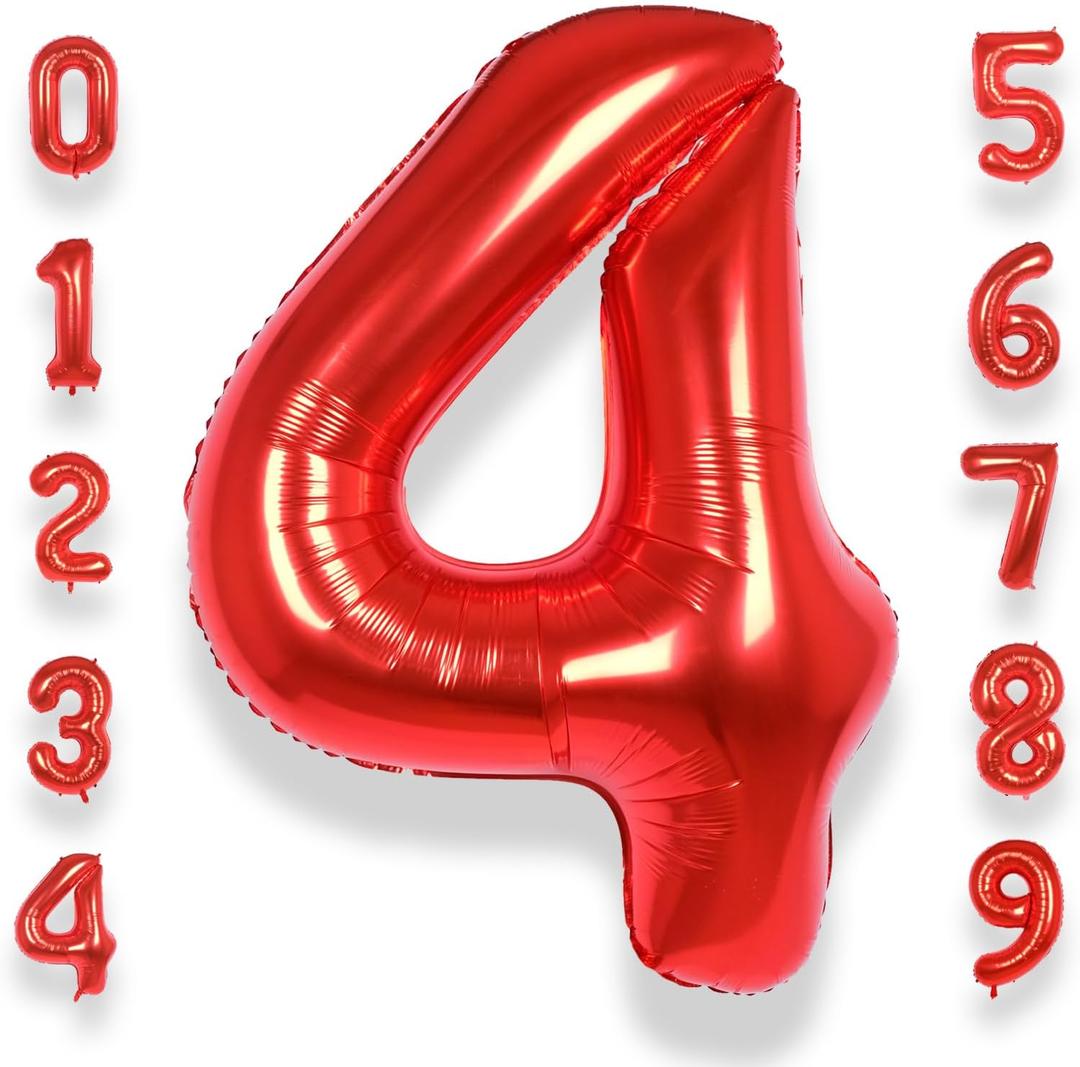 AULE 40 Inch Big Red 4 Balloon Number Large Foil Helium Number Balloons 0-9 Jumbo Giant Happy 4th Birthday Party Decorations for Boy or Girl Huge Mylar Anniversary Party Supplies