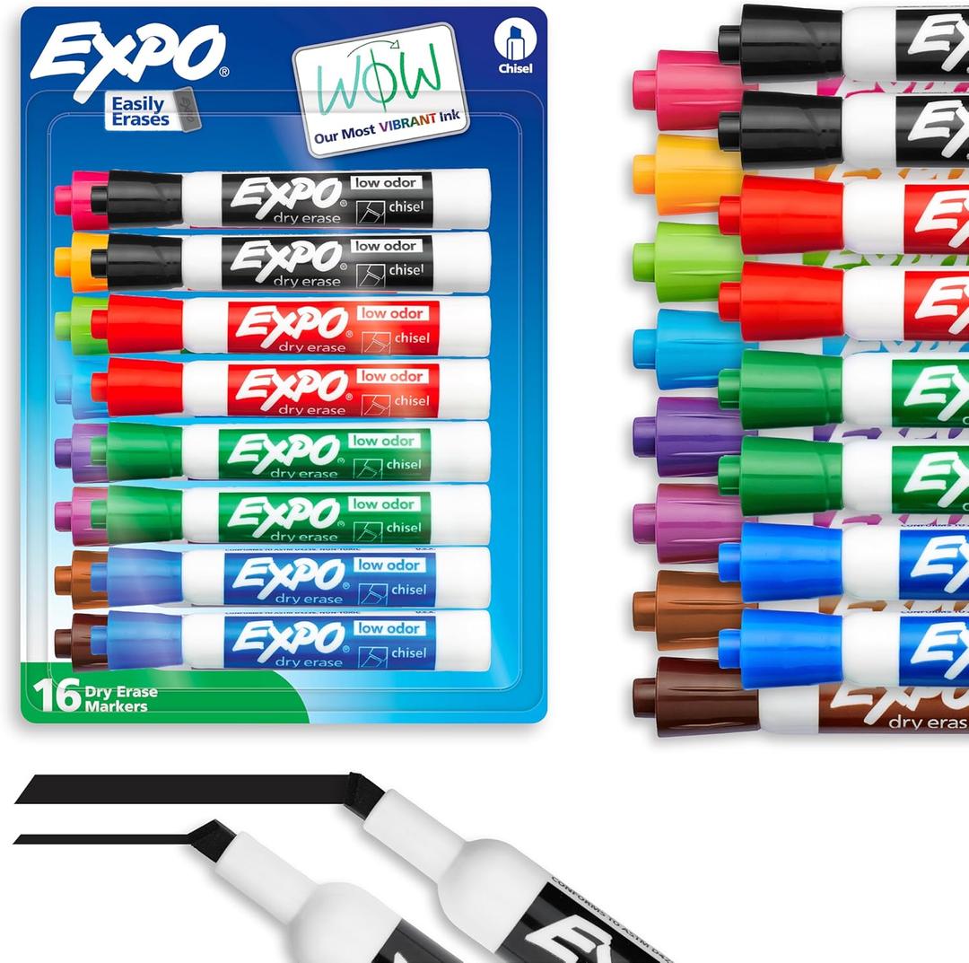 EXPO Dry Erase Markers, Low Odor Ink, Assorted Colors, Chisel Tip, 16 Count - Whiteboard, Calendar, Organization, Essential Supplies for Office, School, Classroom, Teachers