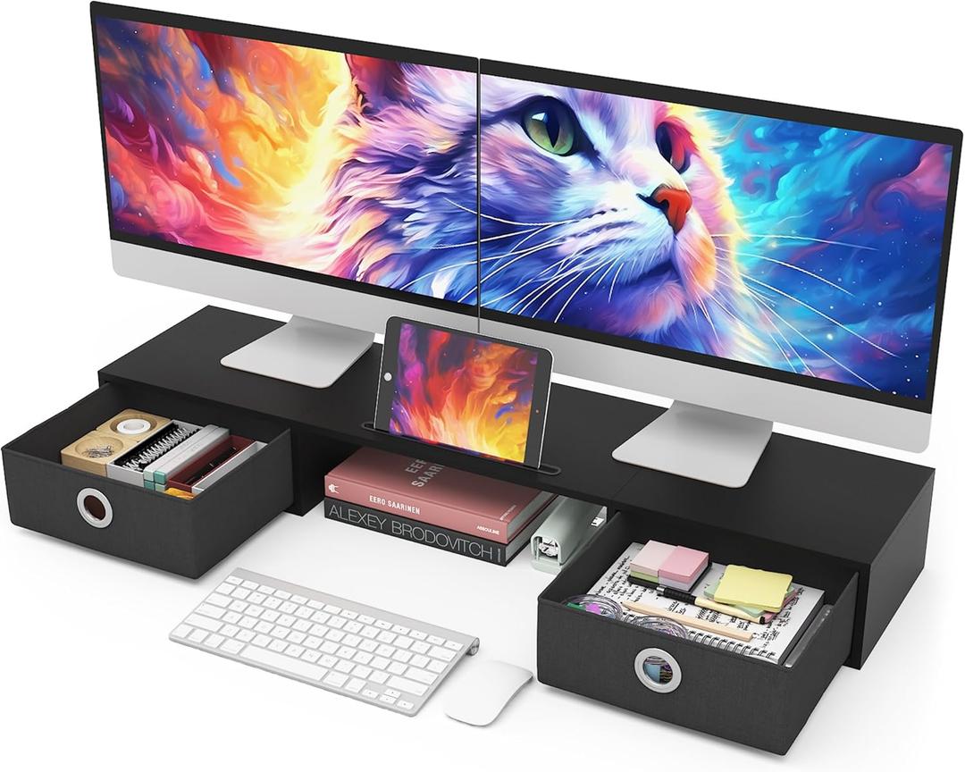 WESTREE Dual Monitor Stand Riser with Two Drawers, Extra Large Storage Monitor Stand for 2 Monitors, Desktop Oraganizer Stand for Computer,Laptop,Screen,Printer,TV (Black)