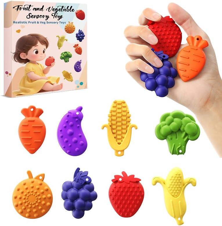 16PCS Various Fruit Shapes Textures Fidget Toys Sensory Stone for KidsTextured Soft Worry Stone for Autism Kids Calming Fidget Stress Toys for Students Anxiety Relief Small Prizes Fidget Toys