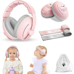 Baby Ear Muffs, 2-in-1 Baby Noise Canceling Headphone, Hearing Protection for Babies 0-48 Months, Adjustable Headband (Pink)