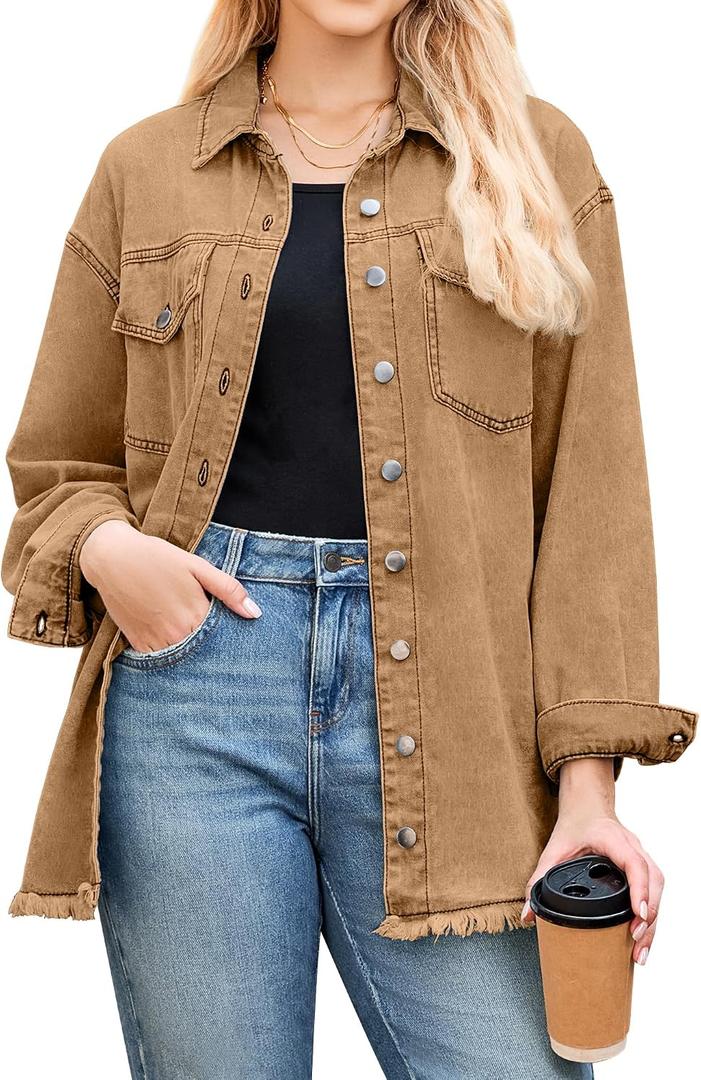 LookbookStore Jean Jacket Women Trendy Oversized Button Down Long Sleeve Frayed Hem Denim Shirt Jackets Distress Shacket