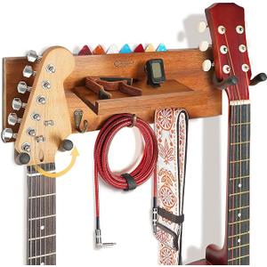 SNIGJAT Guitar Wall Mount with Rotatable Hook, Wood Guitar Hanger with Shelf and Pick Holder, Wall Stand Rack for Acoustic, Electric, Bass