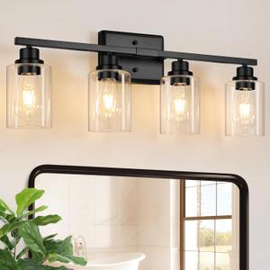 Unicozin Modern Bathroom Light Fixtures, 4 Light Vanity Lights Over Mirror, Black Wall Lamp with Clear Glass for Living Room Cabinet Bedroom Porch