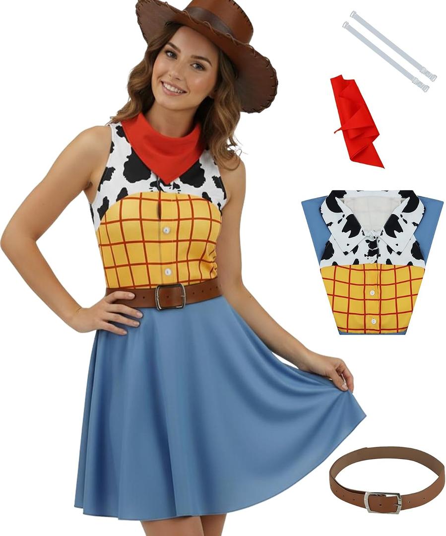 Womens Jessie Costume Dress Cowgirl Tank Dress with Belt Halloween Cosplay Outfit for Female (L)