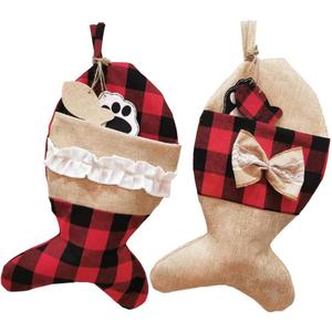 Pet Christmas Stockings for Cats Burlap Plaid Holiday Hanging Fish Socks Fireplace Tree Christmas Decoration