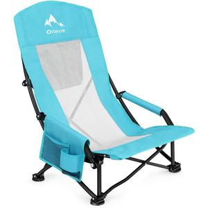 Oileus Folding Portable Beach Chair, Lightweight High Back Low Seat for Tent & Shelter & Camping, Full Mesh Back, Cup Holder, Storage/Carry Bag, Armrest - 1 Pcs