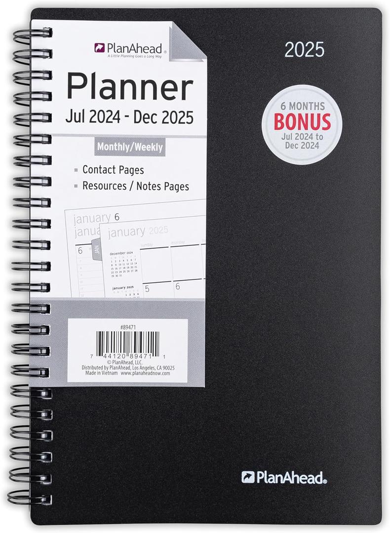 PlanAhead Planner - 8"x5.5" 18 Month Weekly & Monthly Academic Planner Notebook with Tabs - Spiral Calendar Agenda for School, Work & Office, Chosen Randomly, Aug 2024- July 2025 Black