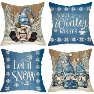 Warm Winter Wishes Decorative Throw Pillow Covers 18x18 Set of 4, Let It Snow Blue Gnome Pine Trees Cushion Case Decor, Snowflakes Seasonal Farmhouse Home Christmas Decoration for Sofa Couch
